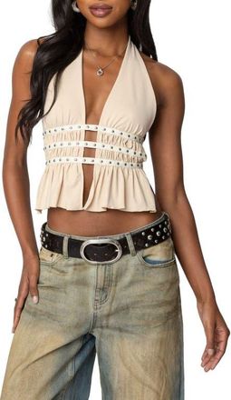 Edikted Studded Split Front Open Back Halter Top in Cream at Nordstrom, Size X-Large