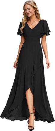 Ever-pretty Womens Bridesmaid Dresse V Neck Maxi Asymmetrical Short Sleeves Black 14