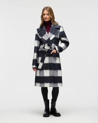 NVLT Womens Oversized Faux Wool Buffalo Check Belted Coat