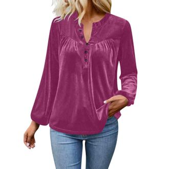 Generic Womens Velvet Long Sleeve Blouse Elegant Plain Henley Neck Button Down Shirt Retro Soft Velvet Fabric Relaxed-Fit Casual Ladies Tunic Tops Comfortable