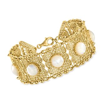 Ross-Simons Mother-Of-Pearl Filigree Panel Bracelet in 18kt Gold Over Sterling