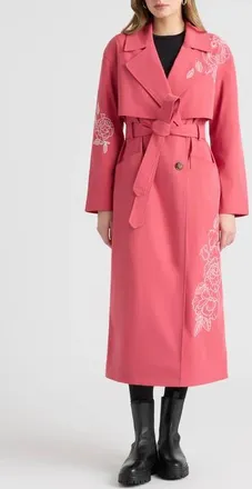 NVLT Embroidered Belted Trench Coat in Pitaya Red at Nordstrom, Size X-Small