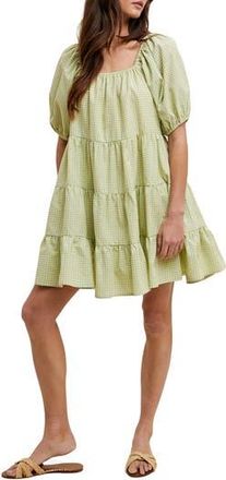 Wishlist Plaid Puff Sleeve Cotton Blend Tiered Minidress in Daisy/Blue at Nordstrom Rack, Size Medium