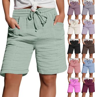 Generic Long Shorts for Women UK Plus Size, Ladies Knee Length Shorts, Elasticated Waist Drawstring Ladies Trousers with Pockets, Holiday Clothes, Festival Ou