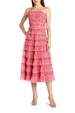 Mac Duggal Printed Mesh Ruffle Strapless Midi Dress in Pink Multi at Nordstrom, Size 10