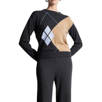 Kaos Kaos - Argyle Jacquard Ronde Hals Trui - Dames - Truien - Grijs - Maat: L Wol
