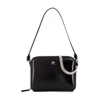 Courr&egrave;ges Womens Naplack Leather Shoulder Bag Black