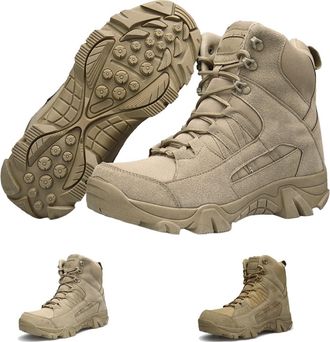 Generic Mens Leather Work Boots with Arch Support - Waterproof Anti-Puncture Hiking Shoes(Khaki-e,6.5)