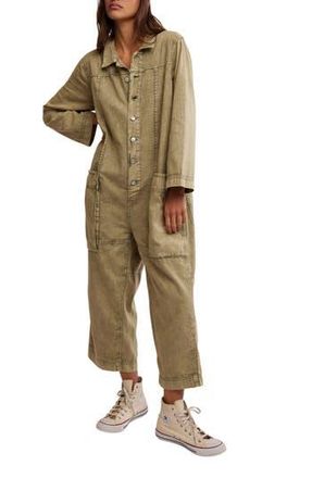 Free People Margarita Long Sleeve Denim Jumpsuit in Calliste Green at Nordstrom Rack, Size Medium