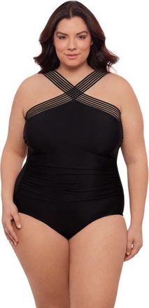 Aqua Green Plus Size Novelty Trim High Criss Cross Neck Full Coverage One-Piece Swimsuit in Black at Nordstrom, Size 2X