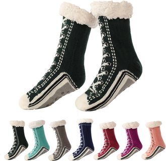 Generic Ultra-thick Cute Slipper Home Socks for Women Non Slip Grippy Warm Cozy Fluffy Home Socks with Silicone Grips Winter Thermal Fuzzy Bed Socks UK One Si