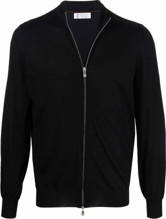 Brunello Cucinelli Zwarte Gebreide Cardigan Met Rits - Heren - Vesten - Zwart - M - Wol - Truien & Vesten