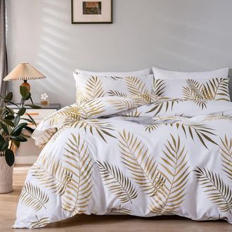 OEM Funda N&oacute;rdica 220x240 Con Estampado De Hojas De Palmeras Tropicales, Color Dorado Y Blanco, Juego De Cama Bot&aacute;nico Con Cierre De Cremallera, Ropa De C