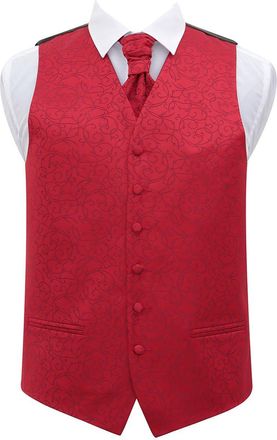 DQT Woven Swirl Floral Wedding Waistcoat Vest, Cravat & Pocket Square Set for Men - Burgundy 42