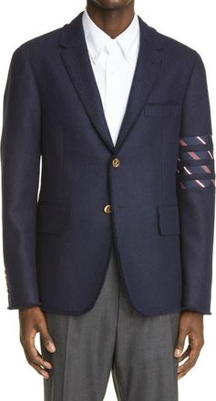 Thom Browne 4-Bar Frayed Wool Sport Coat in Navy at Nordstrom, Size 1
