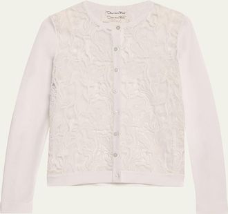 Oscar De La Renta Bellflower Guipure Inset Crewneck Cardigan