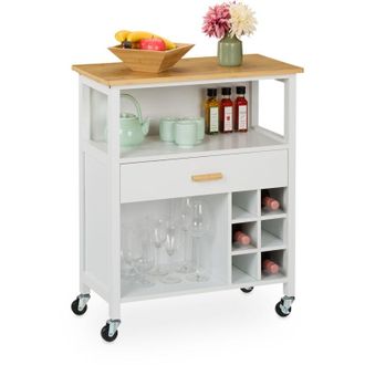 Relaxdays Carrito Auxiliar de Cocina, Botellero, para 6 Botellas, Cajón, 2 Espacios, 80x65x35 cm, Bambú, Blanco/Natural - Relaxdays