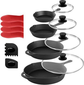 MegaChef 13 Piece Cast Iron Skillet Set with Tempered Glass Lids and Silicone Holders in Black at Nordstrom