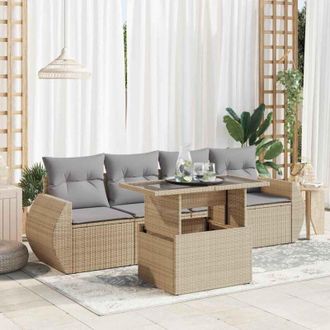 vidaXL Juego De Sof&aacute;s Jard&iacute;n Con Cojines 5 Pzas Rat&aacute;n Sint&eacute;tico Beige Vidaxl