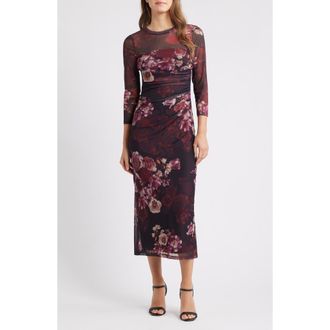 Anne Klein Ruched Long Sleeve Illusion Neck Midi Dress in Midnight Chianti Multi at Nordstrom, Size X-Large P