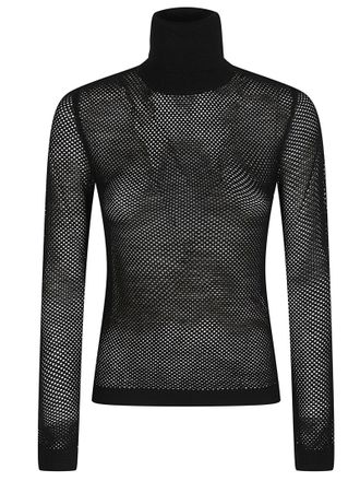 P.A.R.O.S.H. Black Lanet Turtle Neck Open Knit Wool Turtleneck