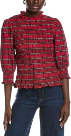 Sail to Sable Puff Sleeve Smocked Top In Red Plaid