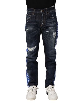 Dolce & Gabbana Mens Dark Blue Tattered Skinny Denim Jeans Cotton Elastane Clothing