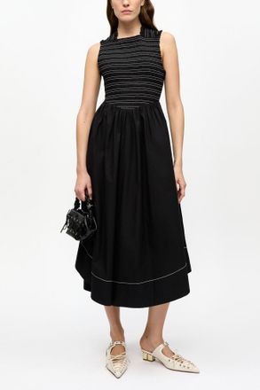 Ganni Black Washed Stretch Cotton Smock Midi Dress - Size 36