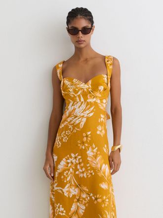 Reiss Yellow Linen Floral-print Midi Dress, 12