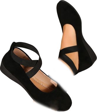 Generic Women Closed Toe Wedge Shoes Faux Suede Mary Jane Flats, Elastic Crisscross Strap Slip-On Low Platform Comfortable Dress Shoes for Work & Daily Walkin