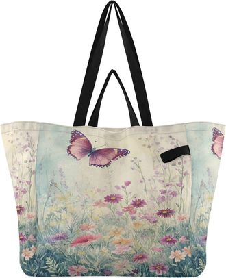 Generic Butterfly Floral Pink pattern Reusable Canvas Tote Bag, Heavy Duty Grocery Shopping Bag with Hard Bottom Double Handles Large Capacity Work Groceries 