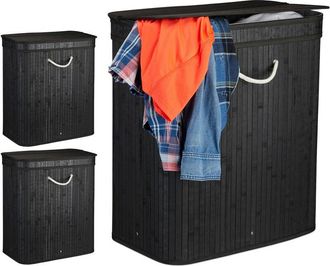 Relaxdays Relaxdays 3x Bamboo Laundry Baskets, Clothes Container, 2 Compartments, Folding, Rectangular Bin, 63 x 55 x 35cm, Black