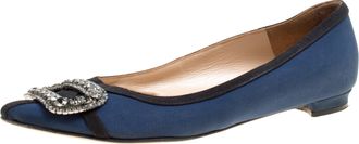 Manolo Blahnik Navy Blue Satin Gotrian Crystal Embellished Pointed Toe Flats