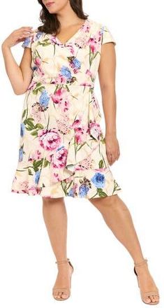 London Times Flounce Ruffle Print Dress in Ivory/Pink at Nordstrom Rack, Size 16W