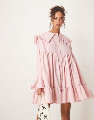 Sister Jane Sister Jane oversized collar frill mini dress with heart button detail in light pink