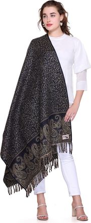 World of Shawls Timeless Paisley Wool Blend Shawl, Tibet Label, Fringed (Navy Blue)