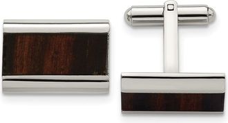 Diamond2Deal Stainless Steel Polished Black Koa Wood Inlay Rectangle Cufflinks
