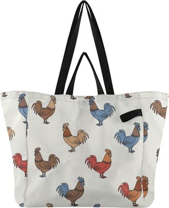 Generic Rooster Brown Blue pattern Reusable Canvas Tote Bag, Heavy Duty Grocery Shopping Bag with Double Handles Large Capacity Hard Bottom Work Groceries Tra