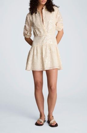 Kenneth Cole Sequin Flare Long Sleeve Mini Shirtdress in Oyster at Nordstrom, Size 14