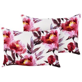 Beliani Conjunto De 2 Cojines De Jard&iacute;n Almohada De Exterior 40 X 60 Cm Poli&eacute;ster Motivo Floral Blanco Y Rosa Lanrosso
