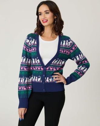 Unique Vintage Cropped Knit Cardigan in Navy Cat Print at Nordstrom, Size X-Small
