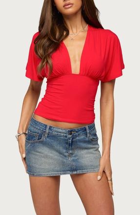 Edikted Betee Flutter Sleeve Plunge Neck Top in Red at Nordstrom, Size X-Large