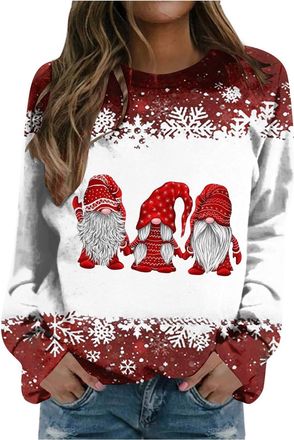 Generic Women Christmas Snowflake Gnome Pullover Sweatshirt Long Sleeve Crewneck Top for Holiday Festive Wear (M) Wine