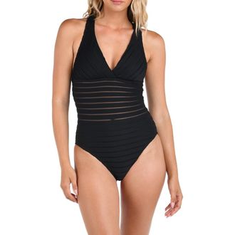 La Blanca Fluid Lines Cross Back One-Piece Swimsuit in Black at Nordstrom Rack, Size 16