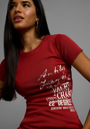 Kangaroos T-Shirt KANGAROOS, Damen, Gr. 32/34, braun (rost), Rippware, Obermaterial: 100% Baumwolle, bedruckt, unifarben, Basic h&uuml;ftlang, Rundhals, Shirts T-Shi