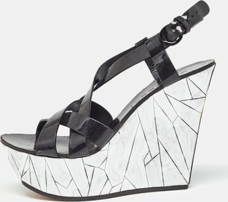 Casadei Black/silver Patent Leather Mirrored Crack Wedge Sandals