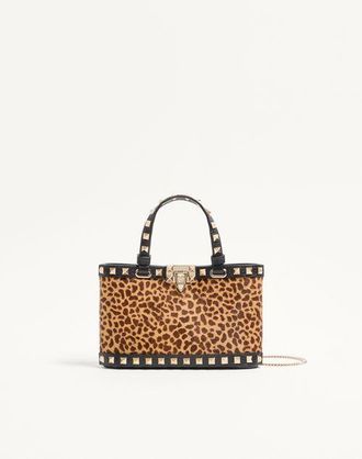 Valentino Garavani Mini Rockstud Shopping Bag In Ponyskin Effect Calfskin With Animal Print Wo