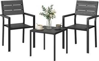 OUTSUNNY Conjunto De Mesa Y Sillas De Terraza Exterior De 3 Piezas Con 2 Sillas Y Mesa De Hdpe Dise&ntilde;o Listones Efecto Madera Marco Metal Para Balc&oacute;n