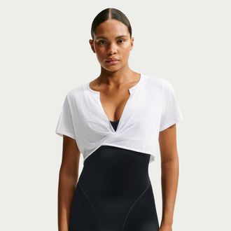 Nike Womens SKIMS Performance Cotton Blend V-Neck Cropped Twist Short-Sleeve Top in White | IV6646-125