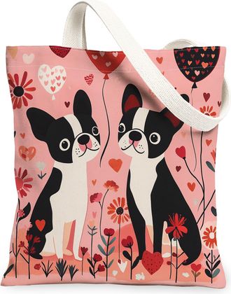 Generic Valentines Day Cane Corso Dog Canvas Tote Bag for Shopping 13x15, Fun Couple Puppy Reusable Grocery Print Bag for Women, Lover Beach Aesthetic Paintin